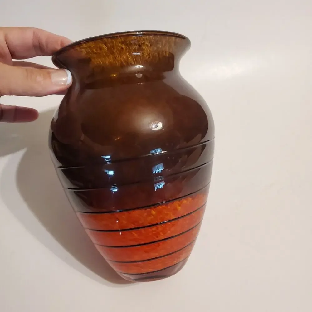 Vintage Bohemian Czech Art glass Vase Orange Brown Swirl specked Pattern 8